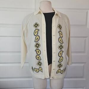 Vtg 60s Talbot's Traveler Cardigan Sweater Off White Yellow Gray Paisley Dacron